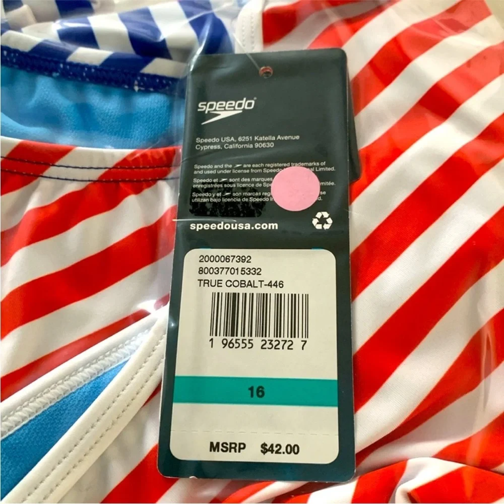 Speedo Girl’s Swimsuit One Piece Blue and Red Stripes Size 16 NWT UPF 50+